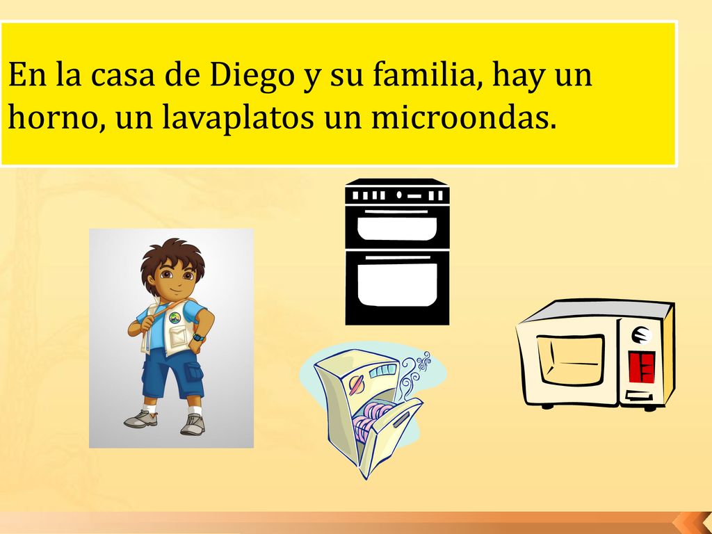 En la casa de Diego y su familia, hay un horno, un lavaplatos un microondas.