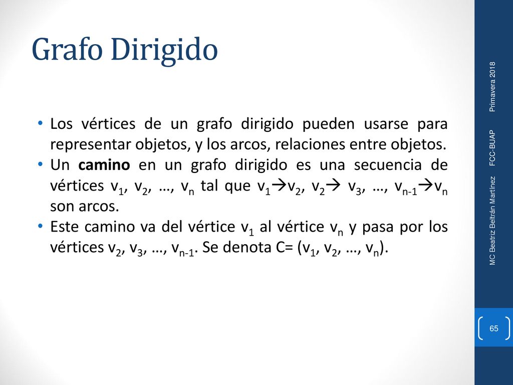 Grafo Dirigido Los vértices de un grafo dirigido pueden usarse para representar objetos, y los arcos, relaciones entre objetos.