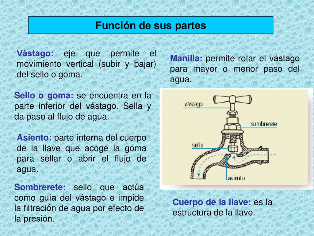 Función de sus partes Vástago: eje que permite el movimiento vertical (subir y bajar) del sello o goma.