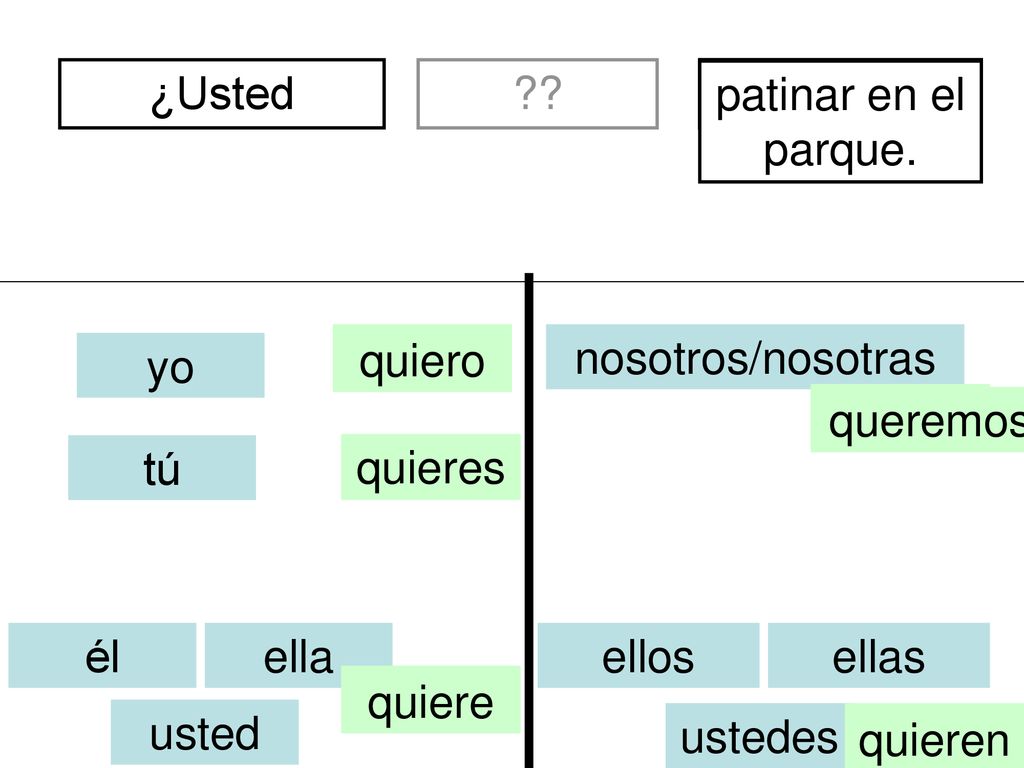 ¿Usted de México divertidos. patinar en el parque. quiero. soy. nosotros/nosotras. yo. queremos.
