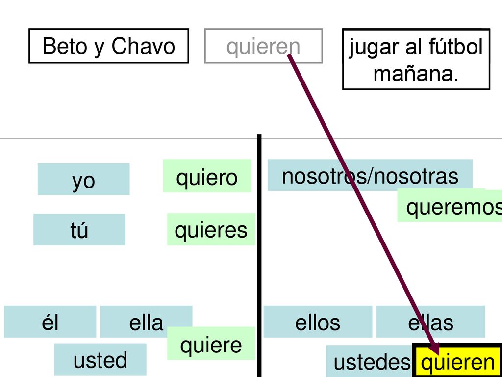 Beto y Chavo quieren. de Managua. divertidos. jugar al fútbol mañana. quiero. soy. nosotros/nosotras.