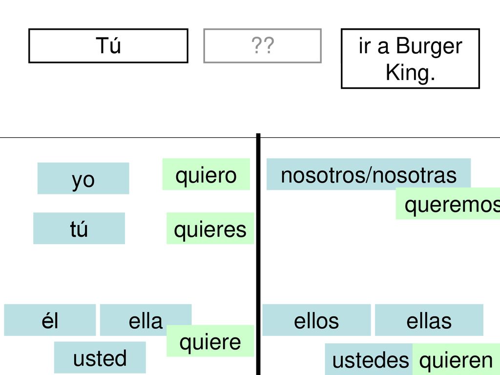 Tú divertidos. ir a Burger King. quiero. nosotros/nosotras. yo. queremos. tú. quieres. él.