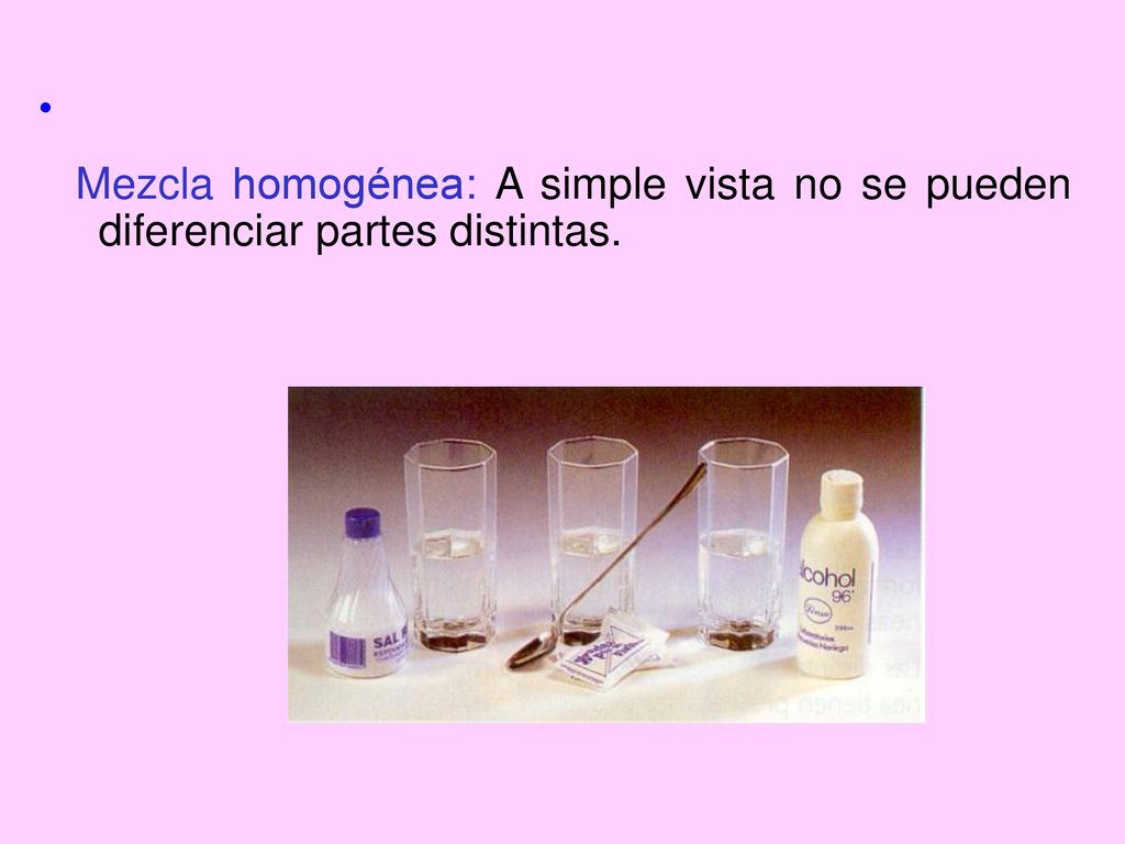 Mezcla homogénea: A simple vista no se pueden diferenciar partes distintas.
