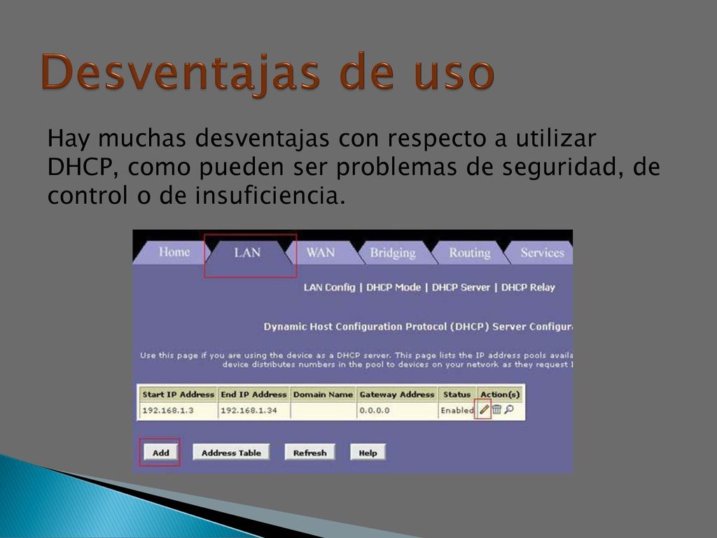 Desventajas de uso Hay muchas desventajas con respecto a utilizar DHCP, como pueden ser problemas de seguridad, de control o de insuficiencia.