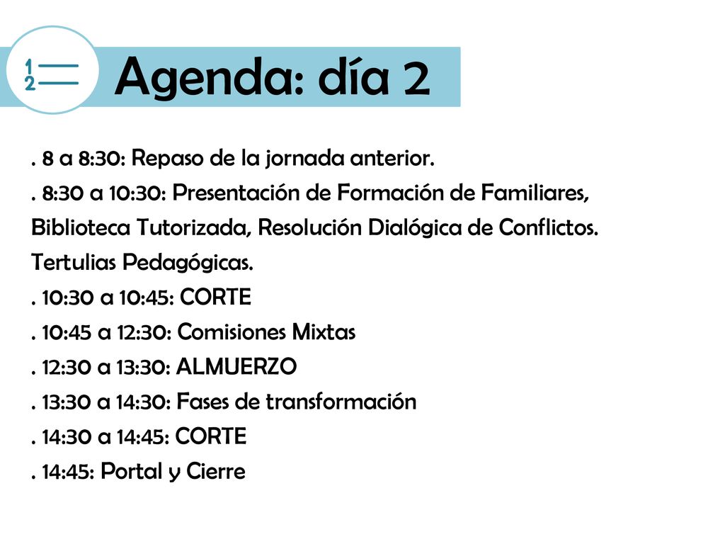 Agenda: día a 8:30: Repaso de la jornada anterior.