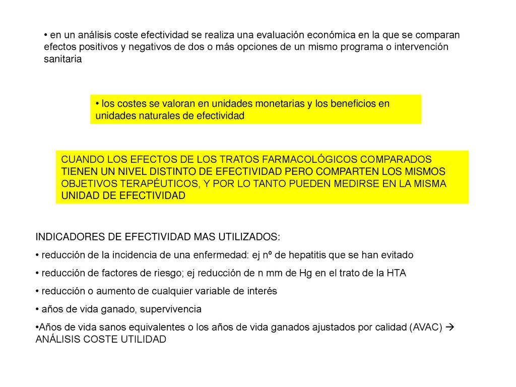 en un análisis coste efectividad se realiza una evaluación económica en la que se comparan efectos positivos y negativos de dos o más opciones de un mismo programa o intervención sanitaria