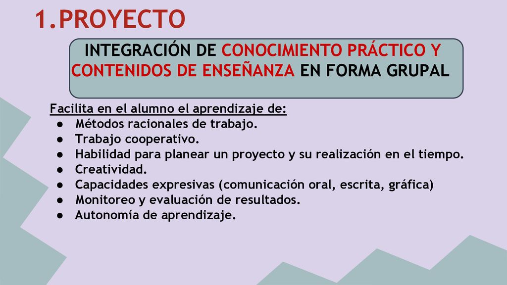 PROYECTO INTEGRACIÓN DE CONOCIMIENTO PRÁCTICO Y CONTENIDOS DE ENSEÑANZA EN FORMA GRUPAL. Facilita en el alumno el aprendizaje de: