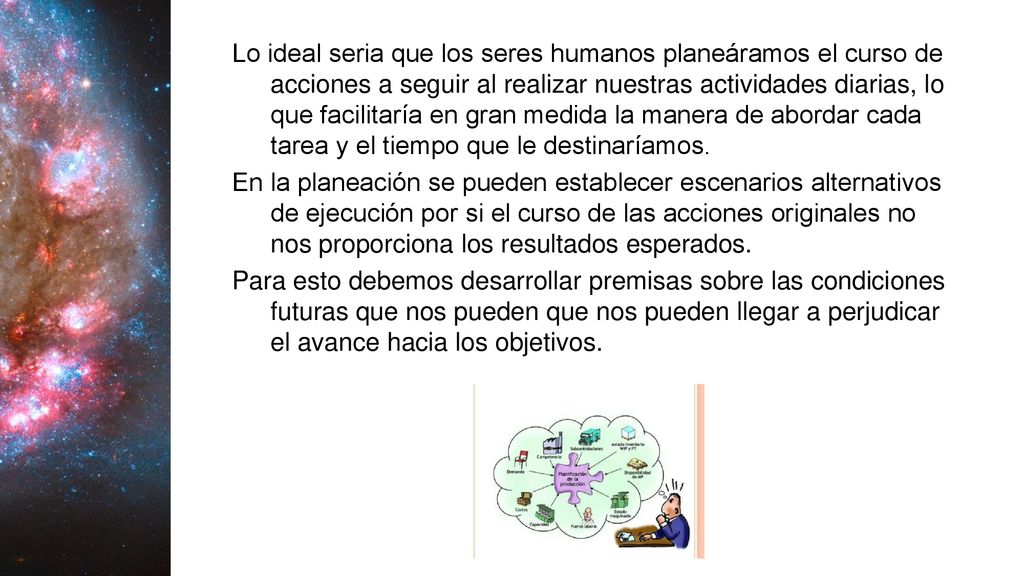 Lo ideal seria que los seres humanos planeáramos el curso de acciones a seguir al realizar nuestras actividades diarias, lo que facilitaría en gran medida la manera de abordar cada tarea y el tiempo que le destinaríamos.