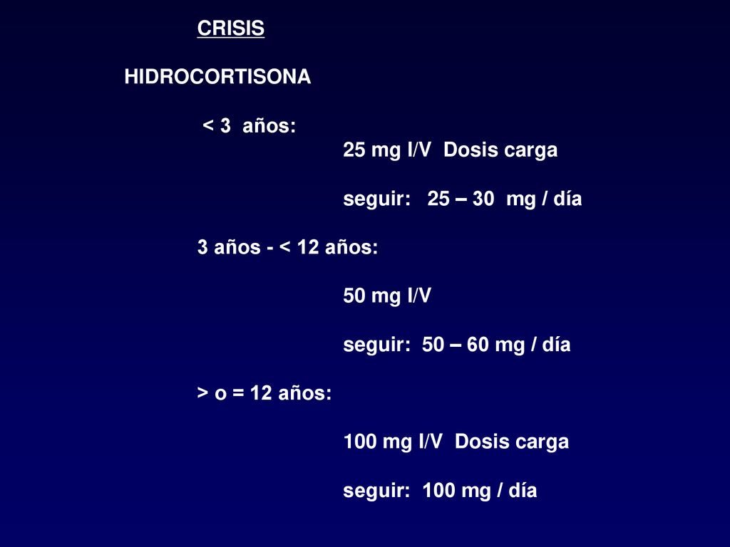 CRISIS HIDROCORTISONA. < 3 años: 25 mg I/V Dosis carga. seguir: 25 – 30 mg / día. 3 años - < 12 años: