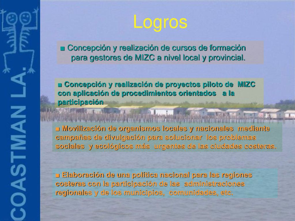 Logros ■ Concepción y realización de cursos de formación para gestores de MIZC a nivel local y provincial.