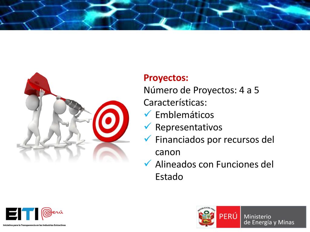 Proyectos: Número de Proyectos: 4 a 5. Características: Emblemáticos. Representativos. Financiados por recursos del canon.