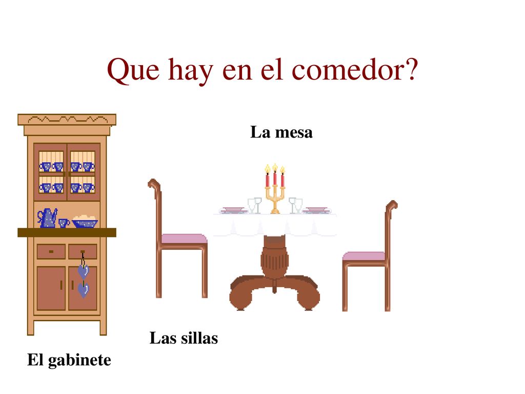 Que hay en el comedor La mesa Las sillas El gabinete