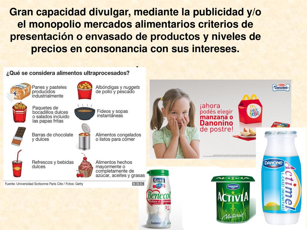 Gran capacidad divulgar, mediante la publicidad y/o el monopolio mercados alimentarios criterios de presentación o envasado de productos y niveles de precios en consonancia con sus intereses.