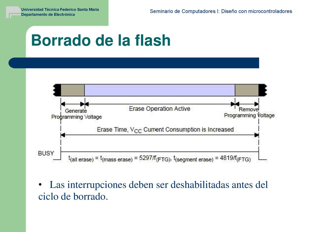 Borrado de la flash Las interrupciones deben ser deshabilitadas antes del ciclo de borrado.