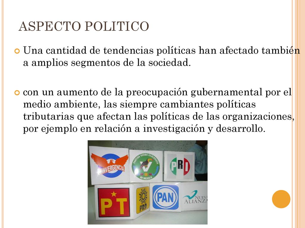 ASPECTO POLITICO Una cantidad de tendencias políticas han afectado también a amplios segmentos de la sociedad.