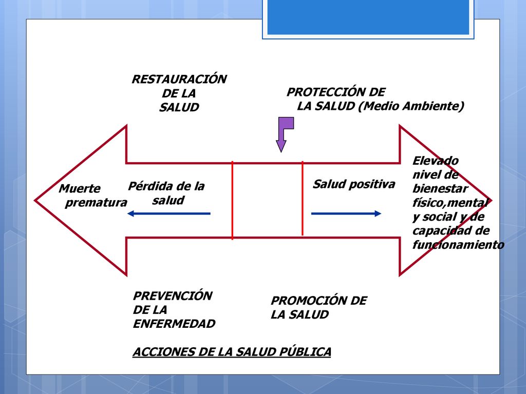 RESTAURACIÓN DE LA SALUD. PROTECCIÓN DE. LA SALUD (Medio Ambiente) Elevado. nivel de. bienestar físico,mental.