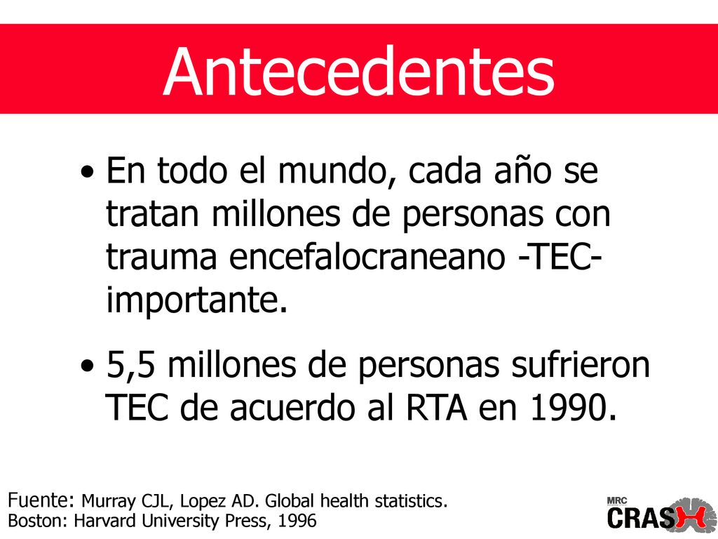 Antecedentes En todo el mundo, cada año se tratan millones de personas con trauma encefalocraneano -TEC- importante.