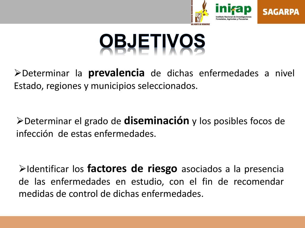 OBJETIVOS Determinar la prevalencia de dichas enfermedades a nivel Estado, regiones y municipios seleccionados.