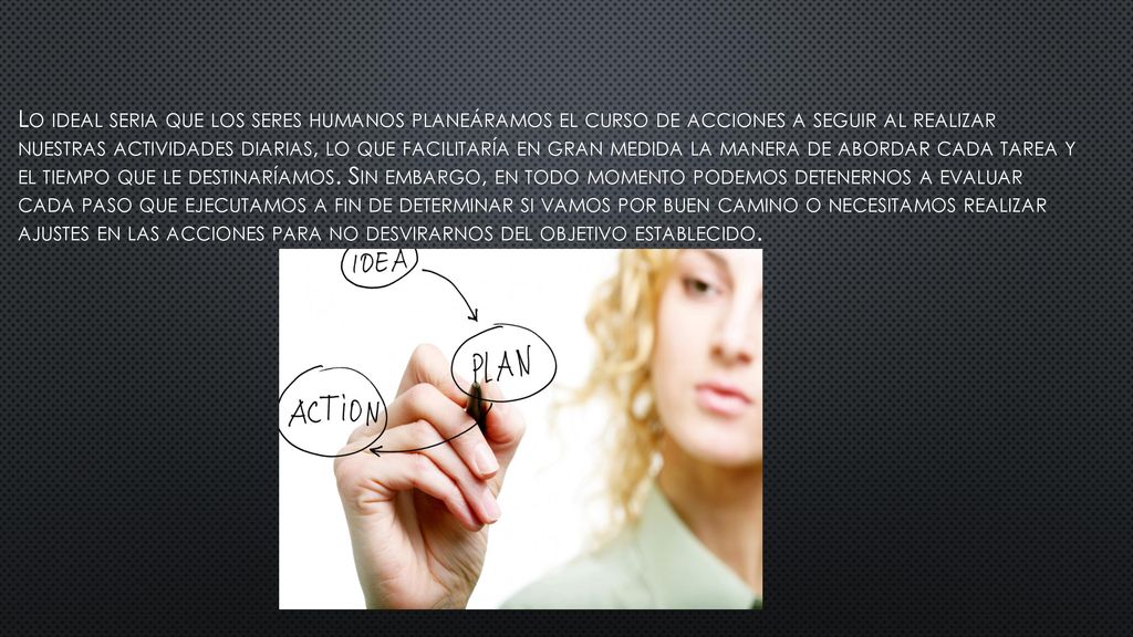 Lo ideal seria que los seres humanos planeáramos el curso de acciones a seguir al realizar nuestras actividades diarias, lo que facilitaría en gran medida la manera de abordar cada tarea y el tiempo que le destinaríamos.