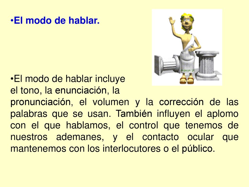 El modo de hablar. El modo de hablar incluye. el tono, la enunciación, la.