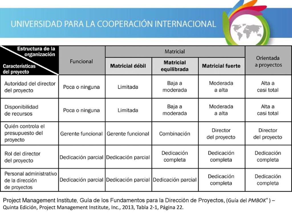 Project Management Institute, Guía de los Fundamentos para la Dirección de Proyectos, (Guía del PMBOK® ) – Quinta Edición, Project Management Institute, Inc., 2013, Tabla 2-1, Página 22.