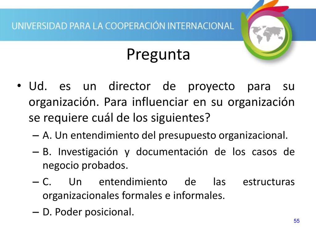 Pregunta Ud. es un director de proyecto para su organización. Para influenciar en su organización se requiere cuál de los siguientes