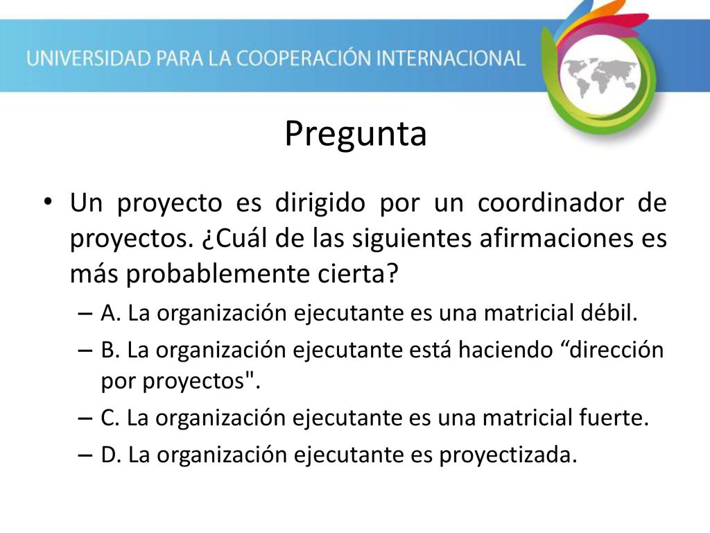 Pregunta Un proyecto es dirigido por un coordinador de proyectos. ¿Cuál de las siguientes afirmaciones es más probablemente cierta
