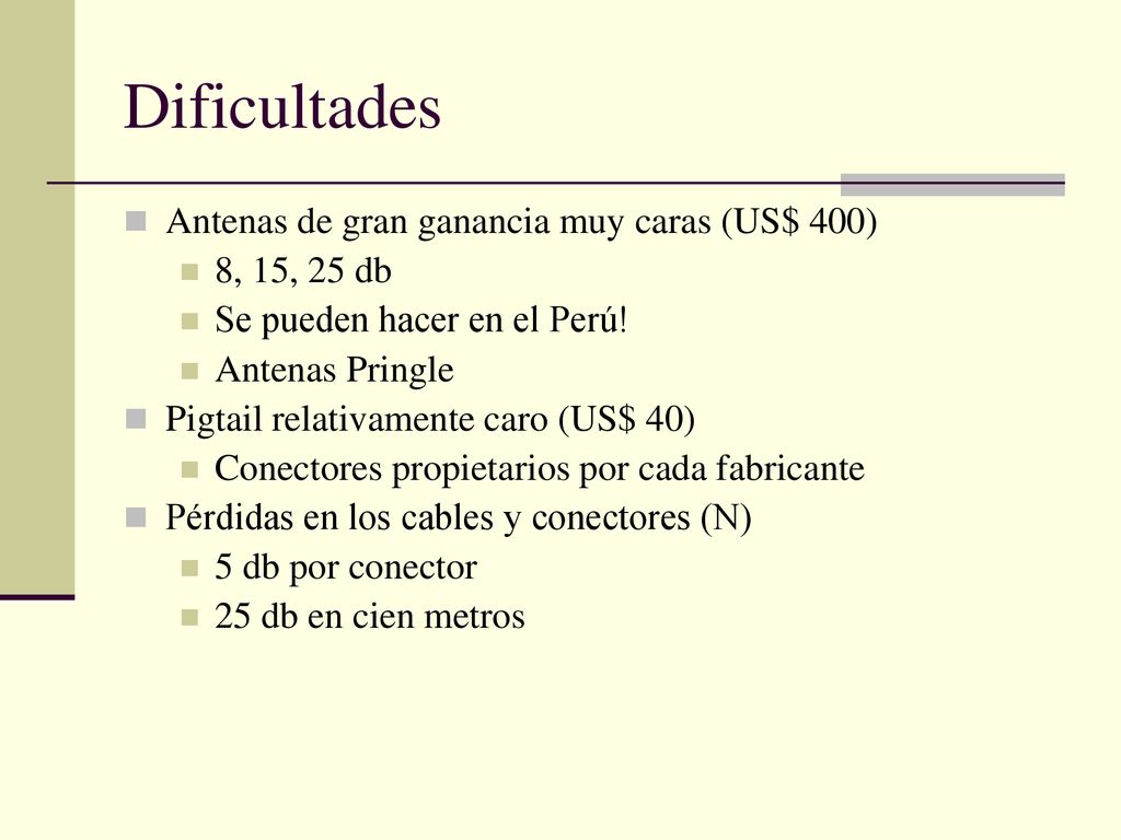 Dificultades Antenas de gran ganancia muy caras (US$ 400) 8, 15, 25 db