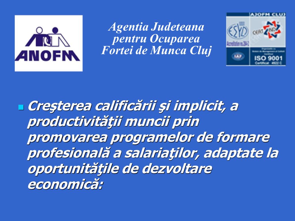 Creşterea calificării şi implicit, a productivităţii muncii prin promovarea programelor de formare profesională a salariaţilor, adaptate la oportunităţile de dezvoltare economică: