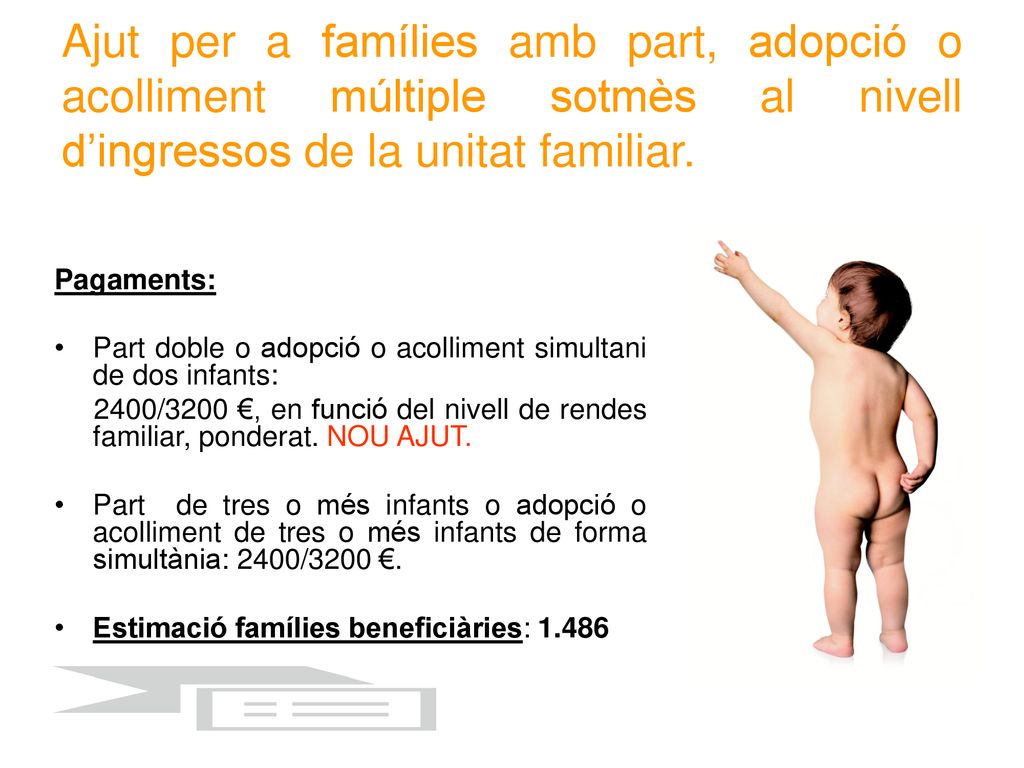 Ajut per a famílies amb part, adopció o acolliment múltiple sotmès al nivell d’ingressos de la unitat familiar.