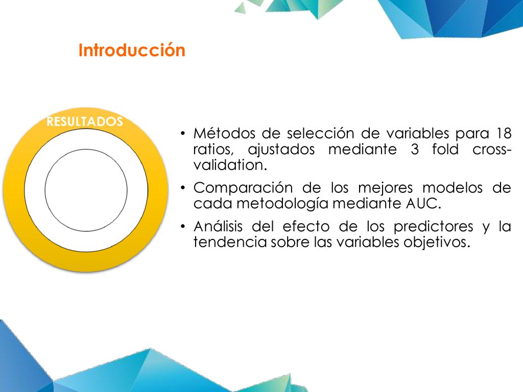 Introducción Métodos de selección de variables para 18 ratios, ajustados mediante 3 fold cross- validation.