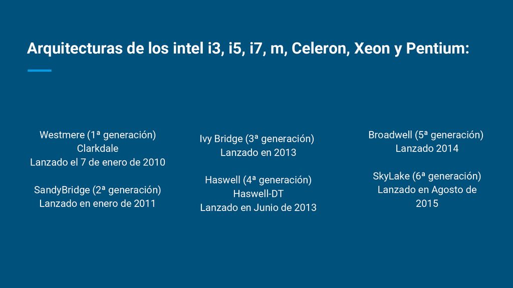 Arquitecturas de los intel i3, i5, i7, m, Celeron, Xeon y Pentium: