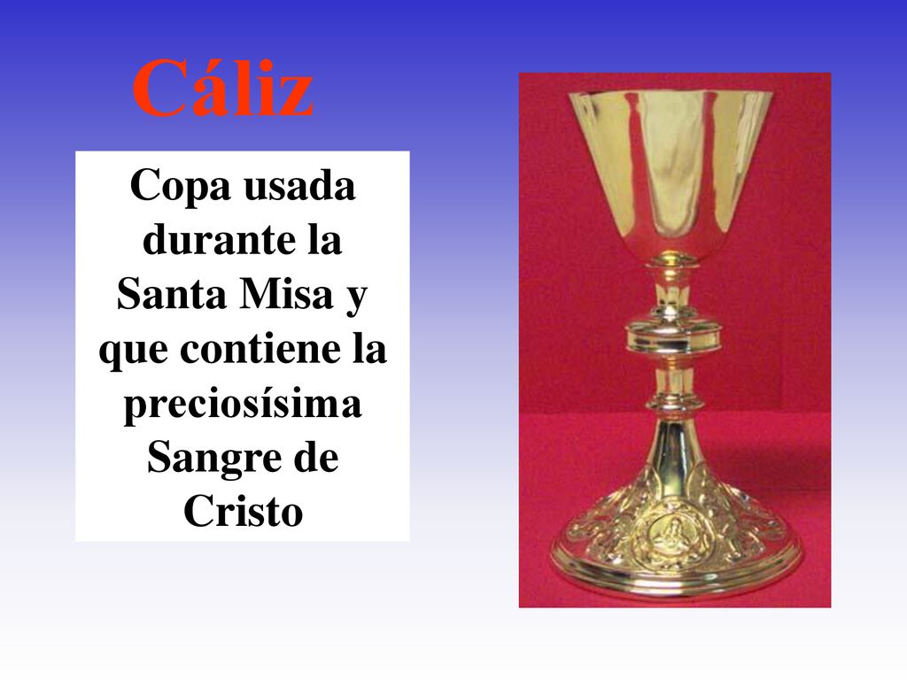 Cáliz Copa usada durante la Santa Misa y que contiene la preciosísima Sangre de Cristo