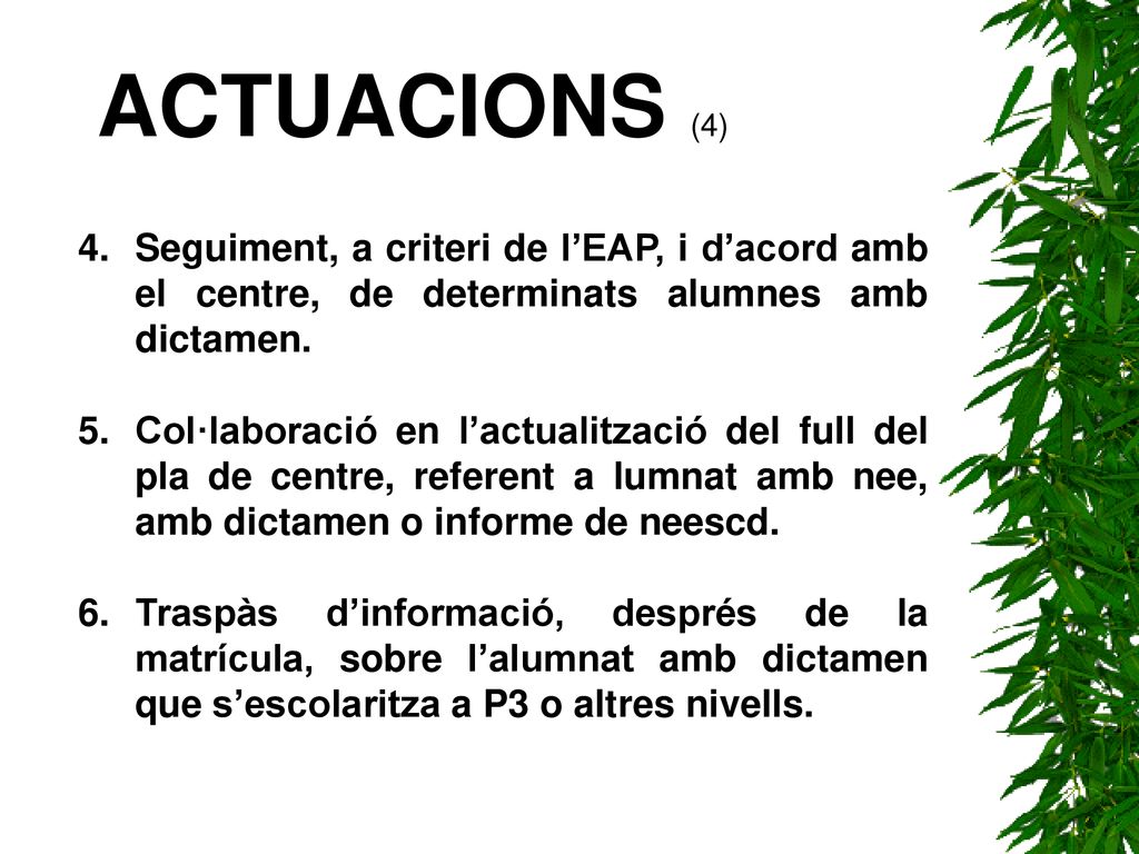 ACTUACIONS (4) Seguiment, a criteri de l’EAP, i d’acord amb el centre, de determinats alumnes amb dictamen.