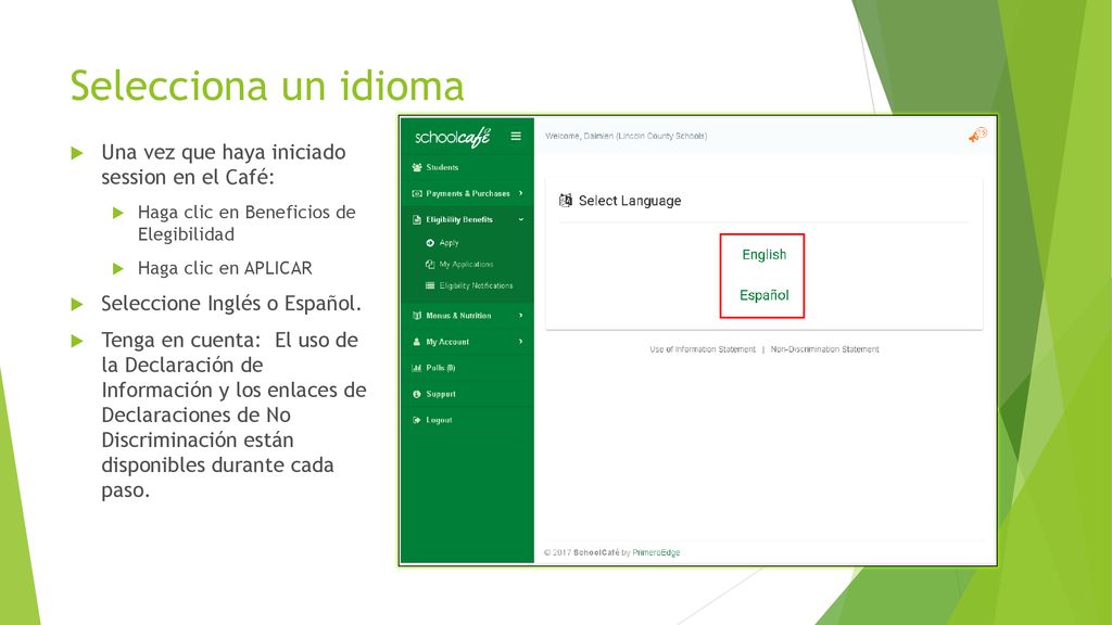 Selecciona un idioma Una vez que haya iniciado session en el Café: