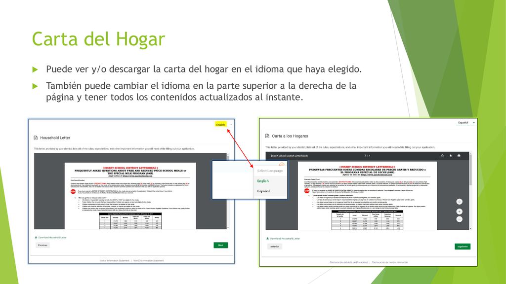 Carta del Hogar Puede ver y/o descargar la carta del hogar en el idioma que haya elegido.