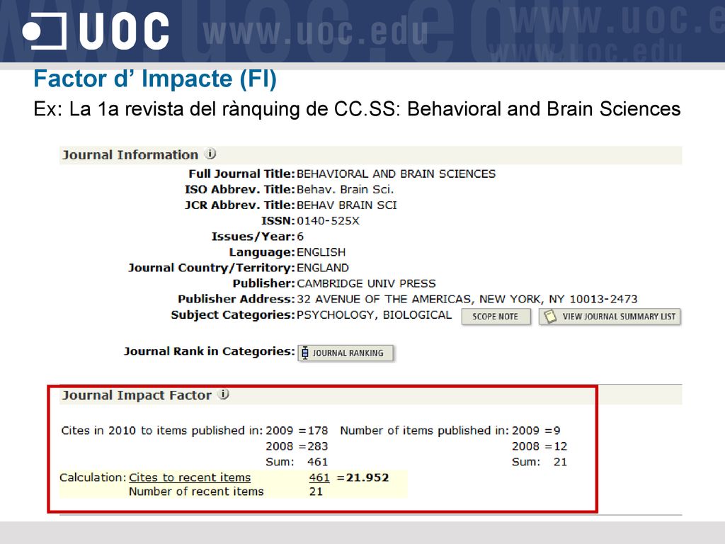 Factor d’ Impacte (FI) Ex: La 1a revista del rànquing de CC