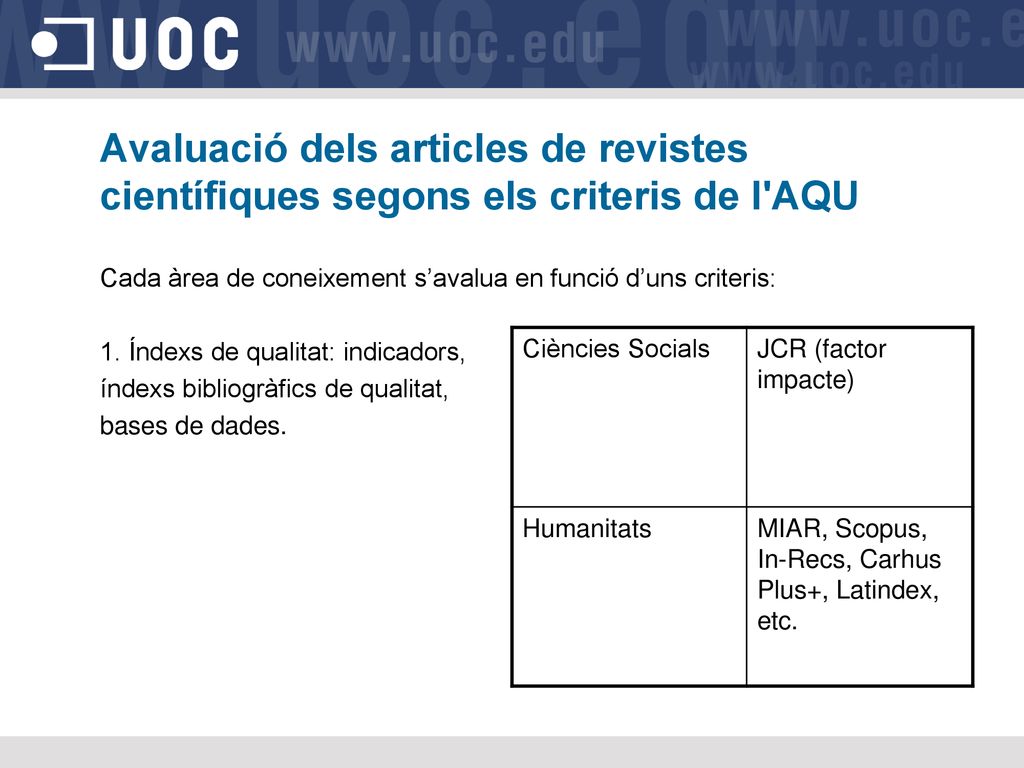 Avaluació dels articles de revistes científiques segons els criteris de l AQU