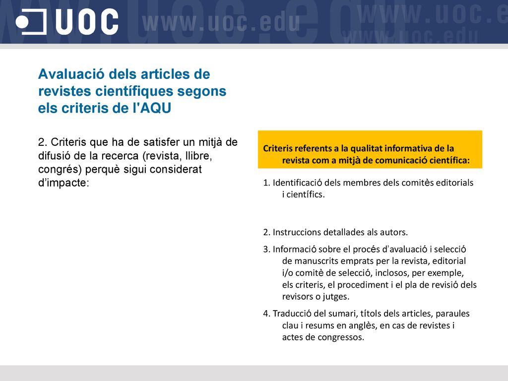 Avaluació dels articles de revistes científiques segons els criteris de l AQU