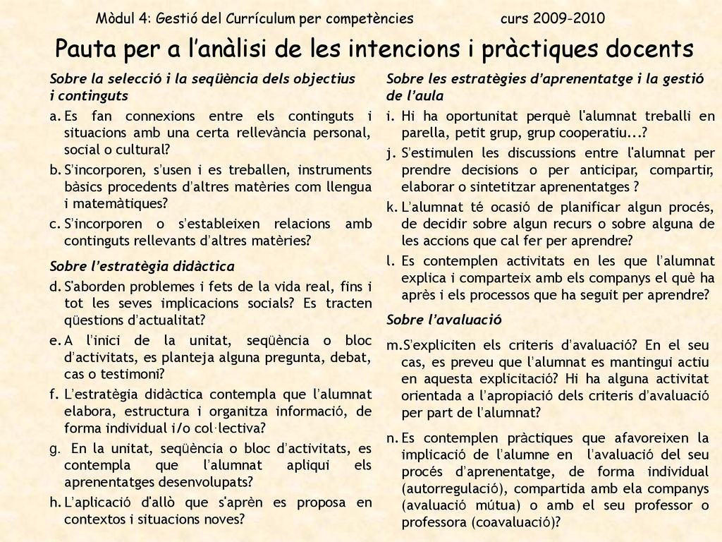 Pauta per a l’anàlisi de les intencions i pràctiques docents