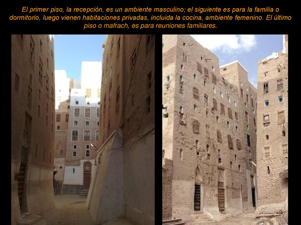 El primer piso, la recepción, es un ambiente masculino; el siguiente es para la familia o dormitorio, luego vienen habitaciones privadas, incluida la cocina, ambiente femenino.