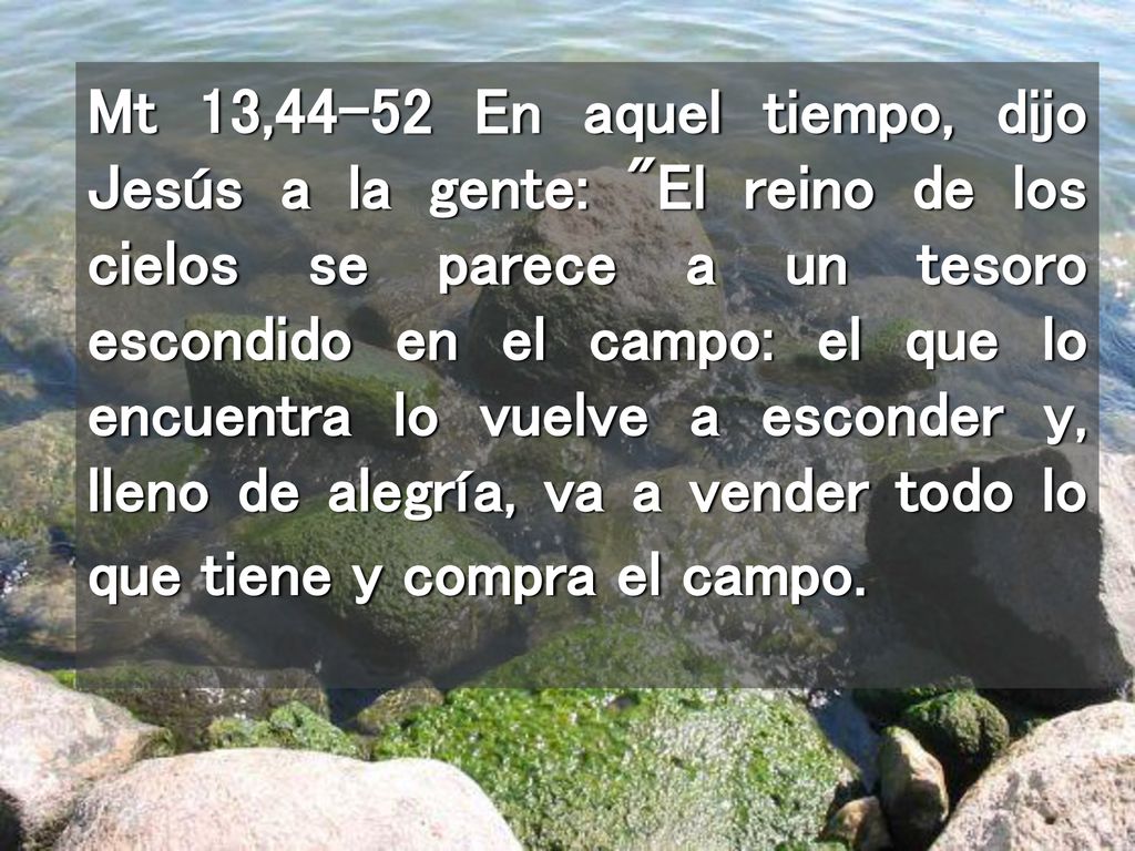 Mt 13,44-52 En aquel tiempo, dijo Jesús a la gente: El reino de los cielos se parece a un tesoro escondido en el campo: el que lo encuentra lo vuelve a esconder y, lleno de alegría, va a vender todo lo que tiene y compra el campo.