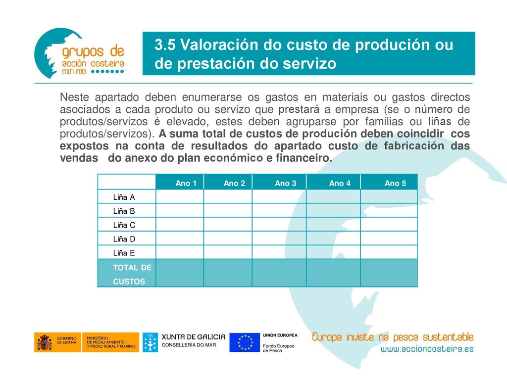 3.5 Valoración do custo de produción ou de prestación do servizo