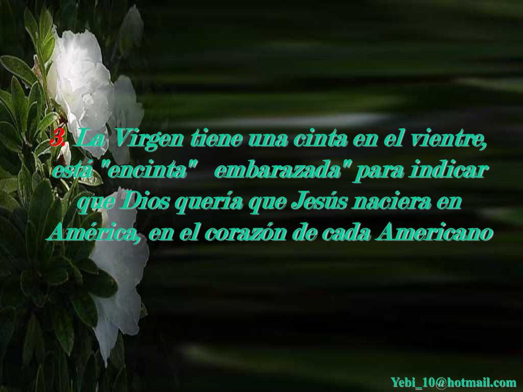 3. La Virgen tiene una cinta en el vientre, está encinta embarazada para indicar que Dios quería que Jesús naciera en América, en el corazón de cada Americano
