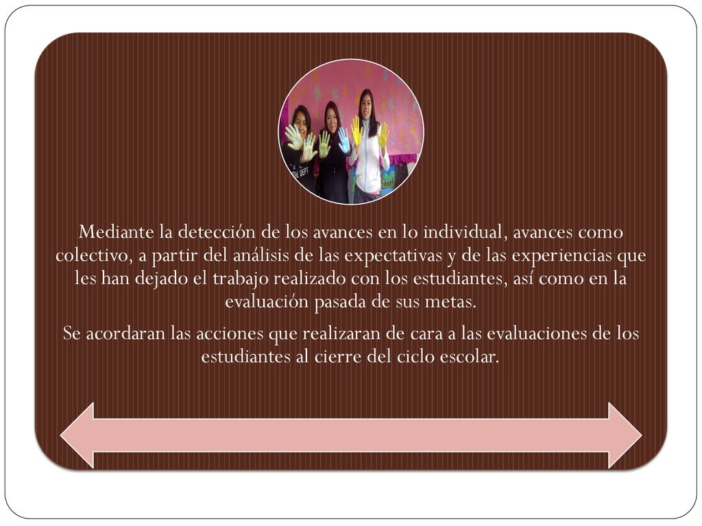 Mediante la detección de los avances en lo individual, avances como colectivo, a partir del análisis de las expectativas y de las experiencias que les han dejado el trabajo realizado con los estudiantes, así como en la evaluación pasada de sus metas.