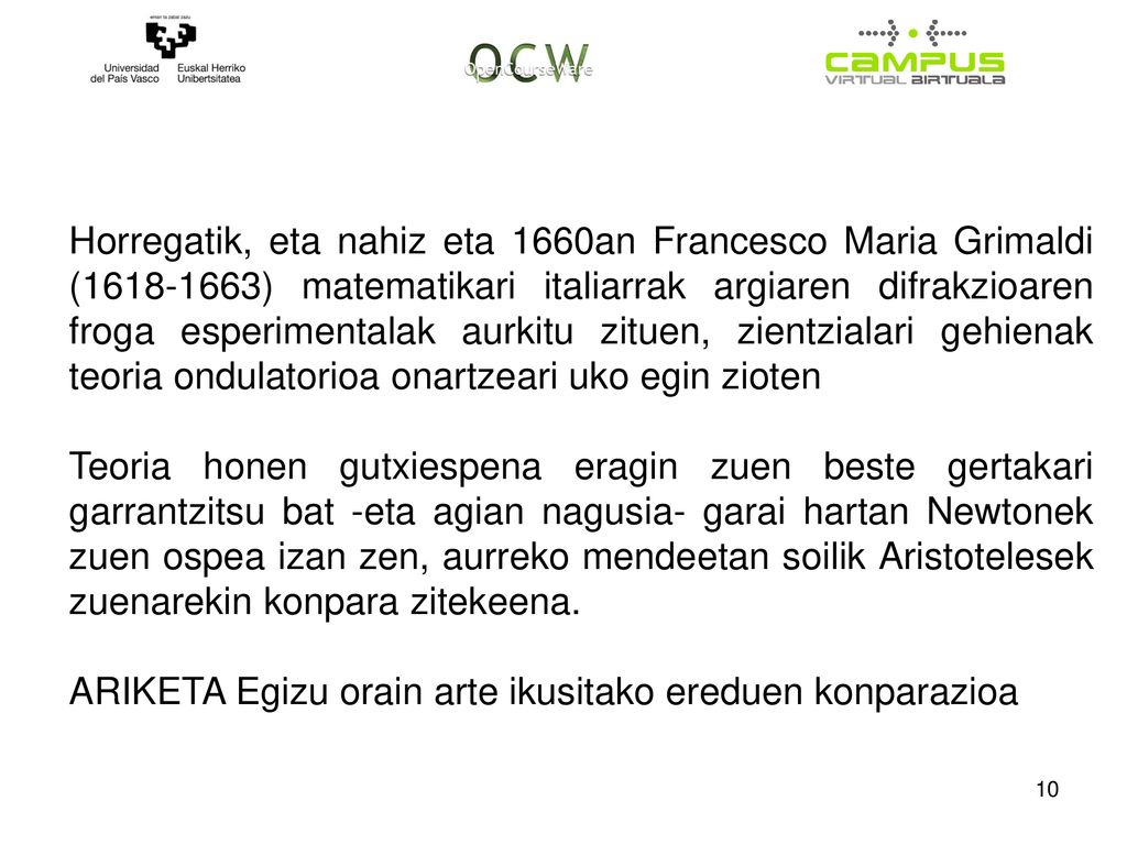 Horregatik, eta nahiz eta 1660an Francesco Maria Grimaldi ( ) matematikari italiarrak argiaren difrakzioaren froga esperimentalak aurkitu zituen, zientzialari gehienak teoria ondulatorioa onartzeari uko egin zioten