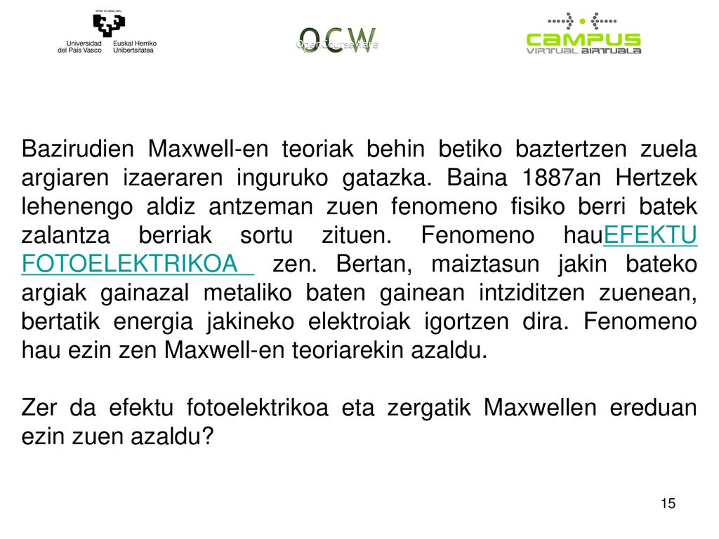 Bazirudien Maxwell-en teoriak behin betiko baztertzen zuela argiaren izaeraren inguruko gatazka. Baina 1887an Hertzek lehenengo aldiz antzeman zuen fenomeno fisiko berri batek zalantza berriak sortu zituen. Fenomeno hauEFEKTU FOTOELEKTRIKOA zen. Bertan, maiztasun jakin bateko argiak gainazal metaliko baten gainean intziditzen zuenean, bertatik energia jakineko elektroiak igortzen dira. Fenomeno hau ezin zen Maxwell-en teoriarekin azaldu.