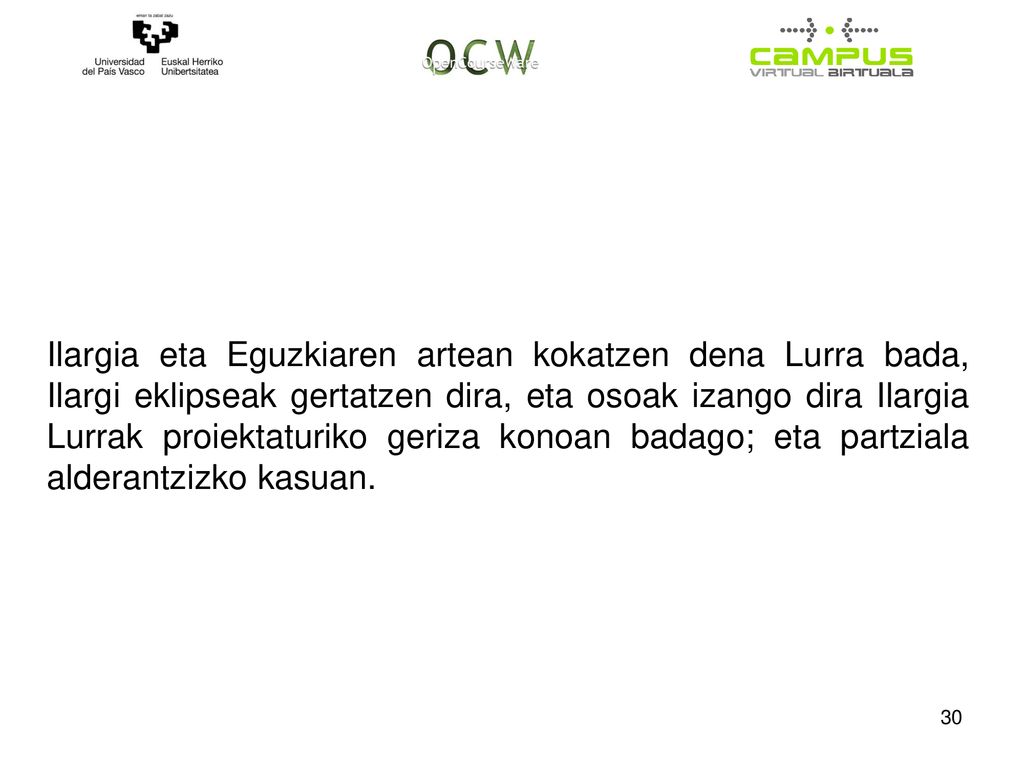 Ilargia eta Eguzkiaren artean kokatzen dena Lurra bada, Ilargi eklipseak gertatzen dira, eta osoak izango dira Ilargia Lurrak proiektaturiko geriza konoan badago; eta partziala alderantzizko kasuan.