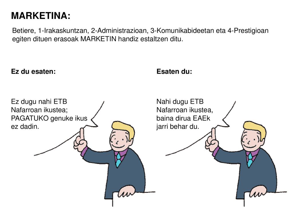 MARKETINA: Betiere, 1-Irakaskuntzan, 2-Administrazioan, 3-Komunikabideetan eta 4-Prestigioan egiten dituen erasoak MARKETIN handiz estaltzen ditu.