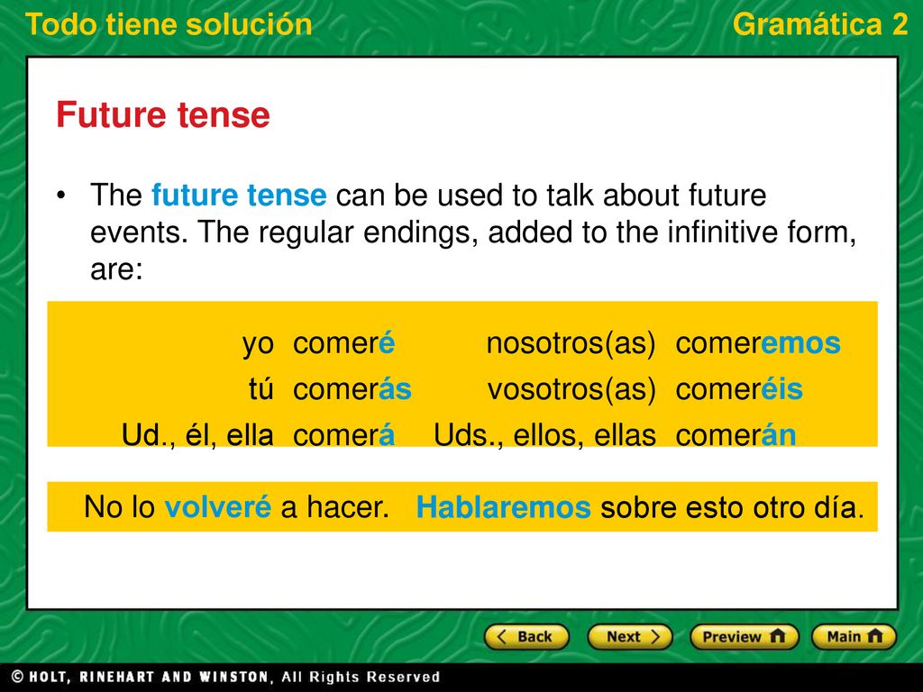 Future tense The future tense can be used to talk about future events. The regular endings, added to the infinitive form, are: